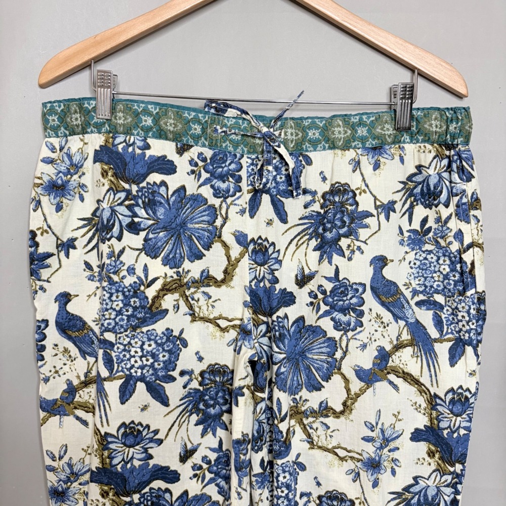 Sundance Leia Pants M Blue Floral Bird Cropped Cotton Boho Resort Capri - Picture 5 of 7
